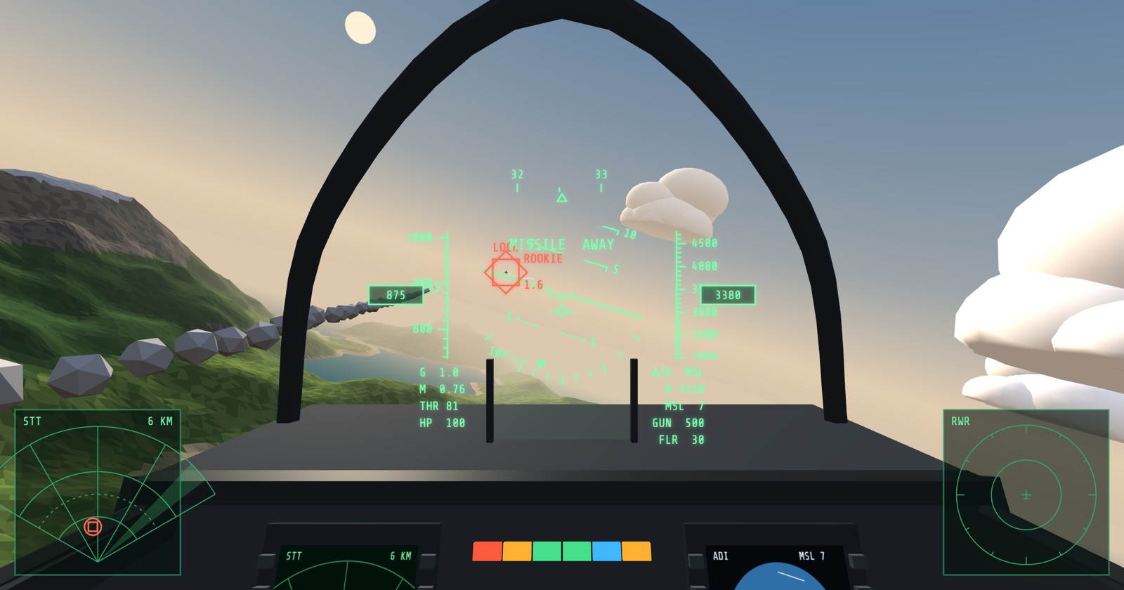 ゲーム画面。コックピットから敵機をロックし、ミサイルを撃った直後。HUD に LOCK と MISSILE AWAY が出ている